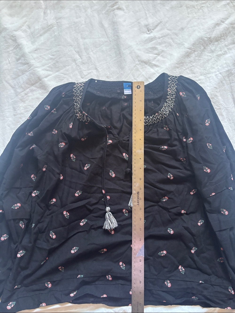 Old Navy Black Peasant Blouse with Pink Floral Accents